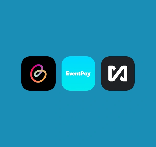 Logo's van EventPay, Beyond Ordering, Anykrowd om aan te geven dat Tickoweb een integratie heeft met deze systemen voor cashless betalingen.